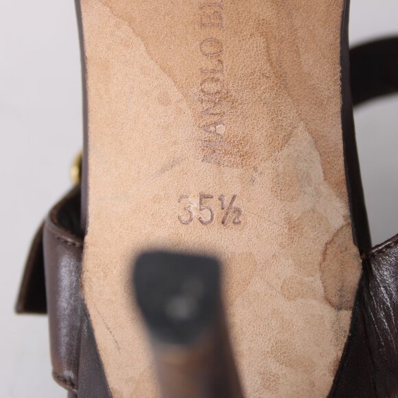 Manolo Blahnik Heels Sz 35.5 Teodo Calf Brown Brass Buckles Rhinestone Sandals - Picture 8 of 12